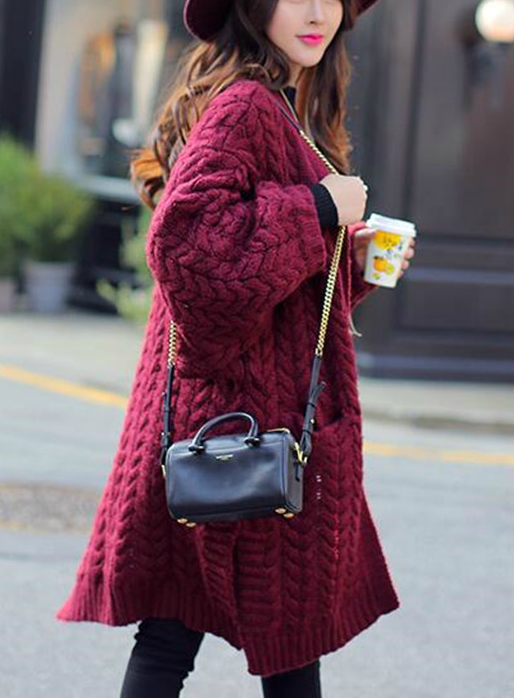 Batwing Cable Dropped Shoulder Long Split Solid Sweater - May Your Fashion - 1