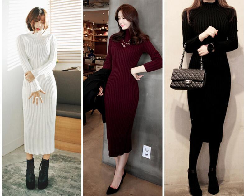 Fashion Ribbed High Neck Long Sleeve Knit Long Sweater Dress