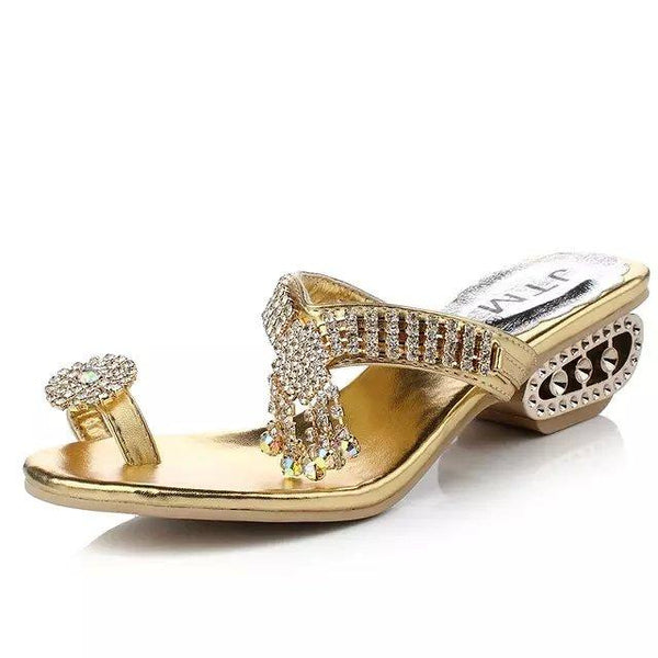 Shinning Rhinestone Slip-on Unique Chunky Low Heels Slippers Sandals