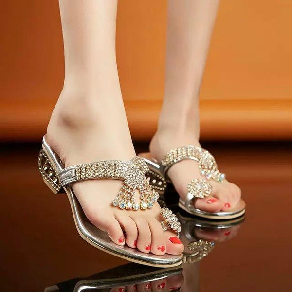 Shinning Rhinestone Slip-on Unique Chunky Low Heels Slippers Sandals