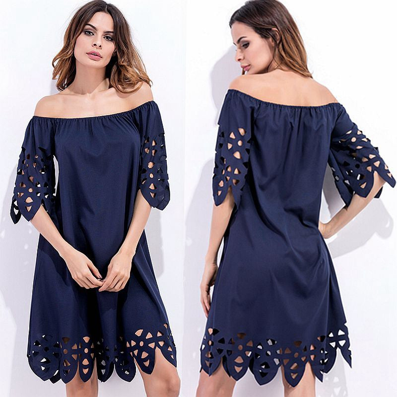 Off Shoulder Half Sleeves Loose Beach Knee-length Dress