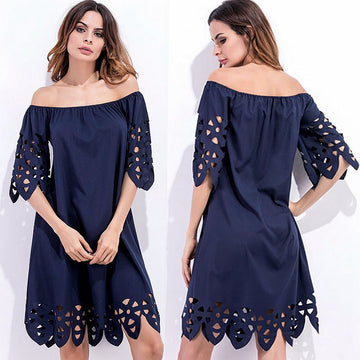 Off Shoulder Half Sleeves Loose Beach Knee-length Dress