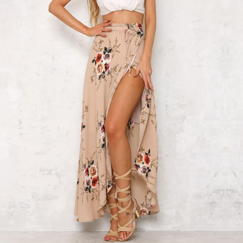 Fashion Bohemian Flower Print Split ends Flare Maxi Skirt