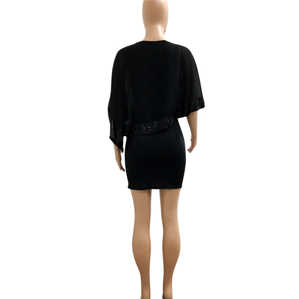Pure Color Half Sleeves Splicing Sequin Bodycon Short Dress  