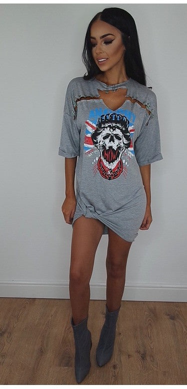 Skull Print Pin Hollow Out Short Loose Dress