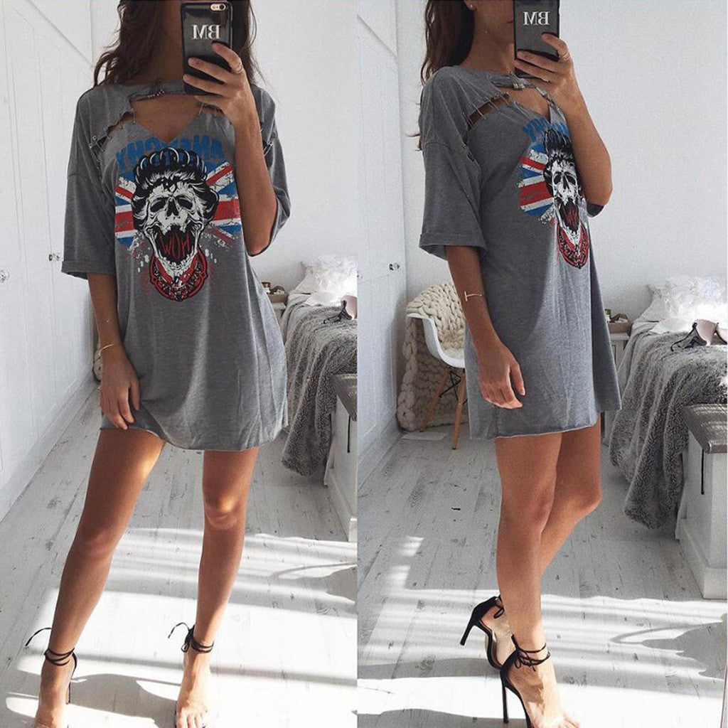 Skull Print Pin Hollow Out Short Loose Dress