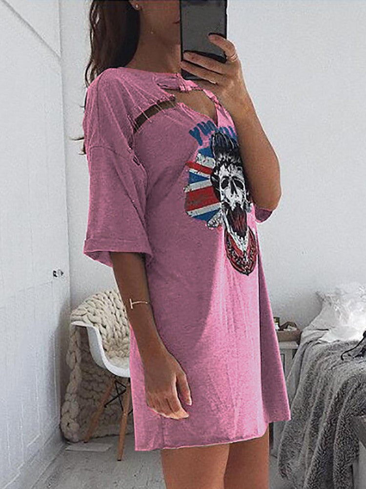 Skull Print Pin Hollow Out Short Loose Dress