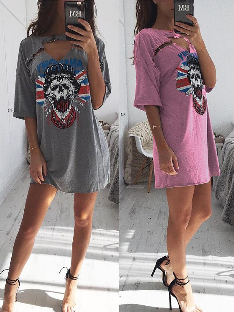 Skull Print Pin Hollow Out Short Loose Dress