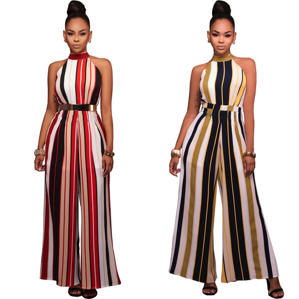 Bear Shoulder Striped High Neck Sleeveless Long Jumpsuit – May Your Fashion