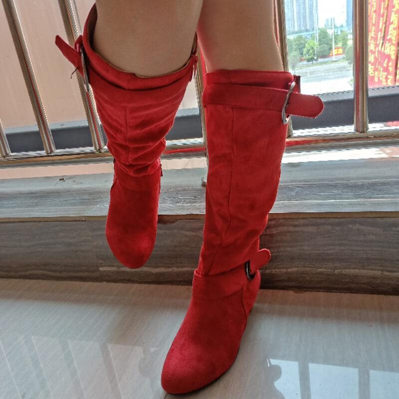 Pointed Toe Buckled Mid Calf Heel Boots