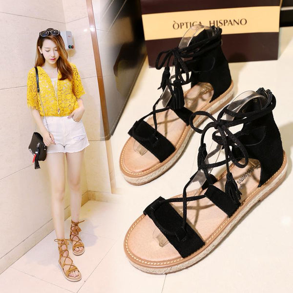 Lace Up Open Toe Flat Sandals