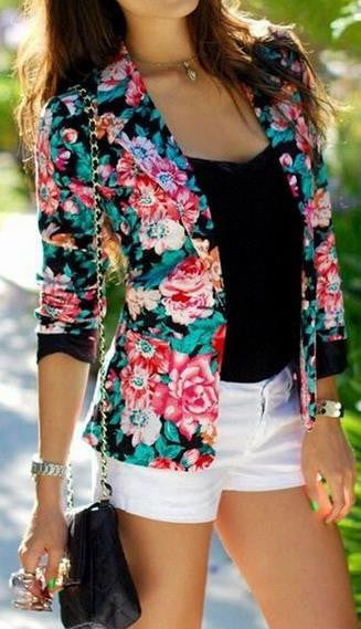 Turn-down Collar Slim Flower Print Fashion Short Coat