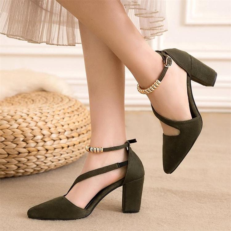 Suede Chunky Heel Piontrd Toe Beadings Ankle Strap Sandals