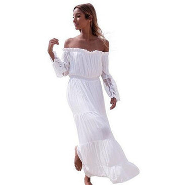 Off Shoulder Long Sleeves Lace Long Beach Dress