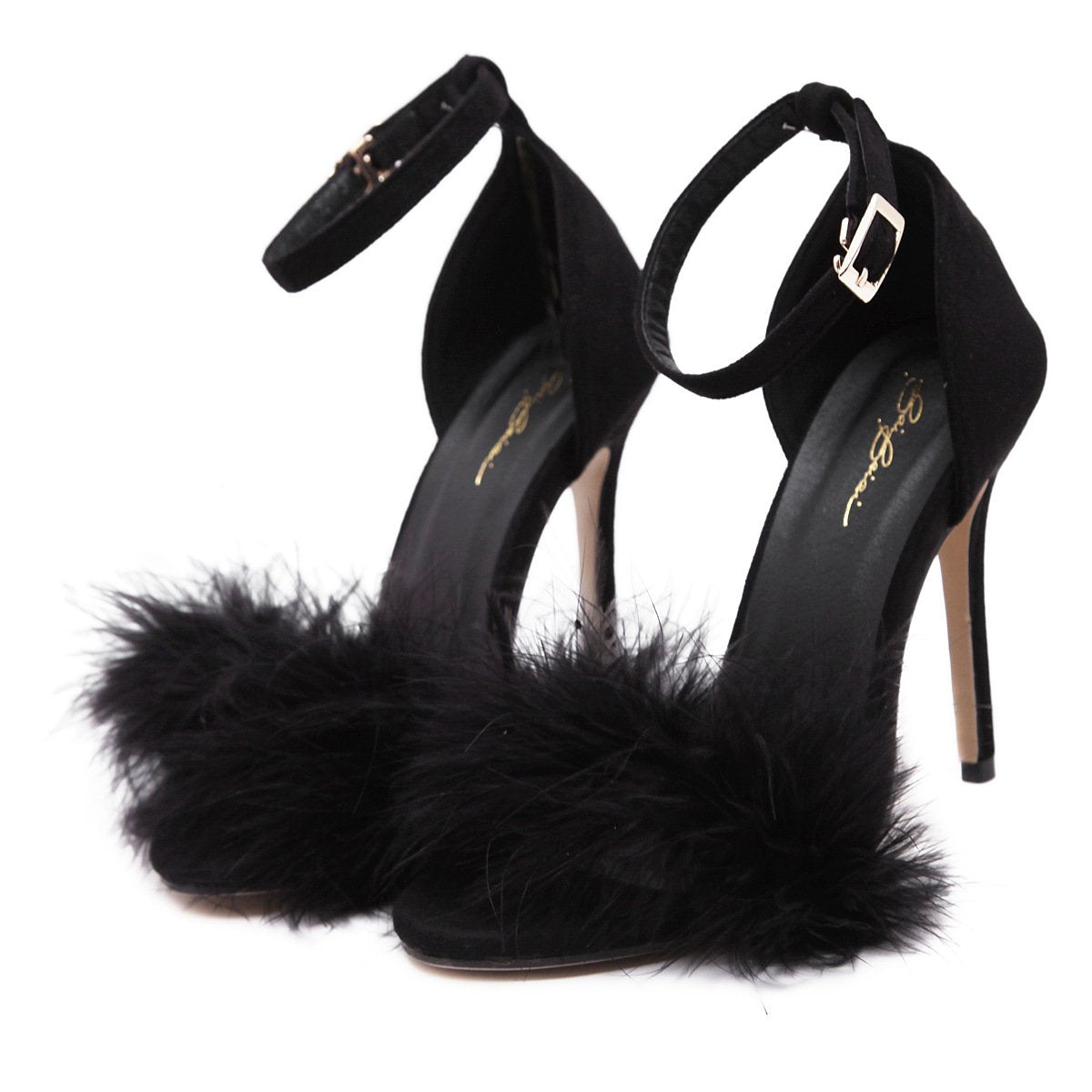 Stiletto PU Heel Peep-toe Fur Decorate Ankle Strap Sandals