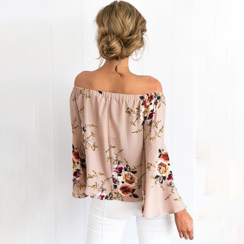 Off Shoulder Flower Print Trumpet Sleeves Blouse