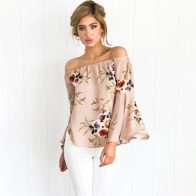 Off Shoulder Flower Print Trumpet Sleeves Blouse