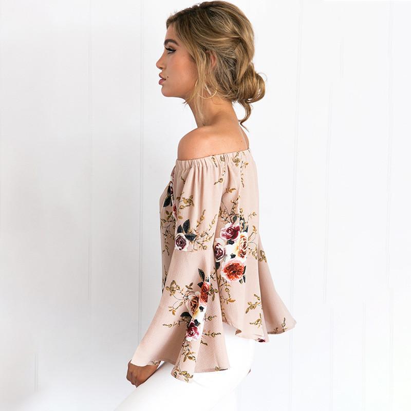 Off Shoulder Flower Print Trumpet Sleeves Blouse