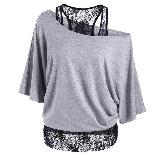 One Shoulder Batwing Sleeves Blouse with Lace Tank Top