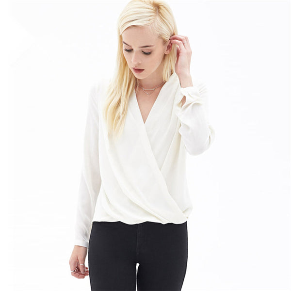 Fashion Simple V-neck Pure Color Long Sleeve Blouses