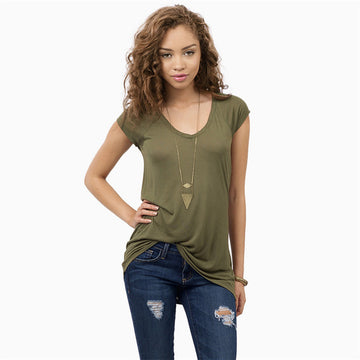Pure Color Show Thin V-neck Short Sleeves T-shirt