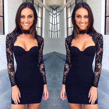 Cut Out Long Lace Sleeves Bodycon Short Dress