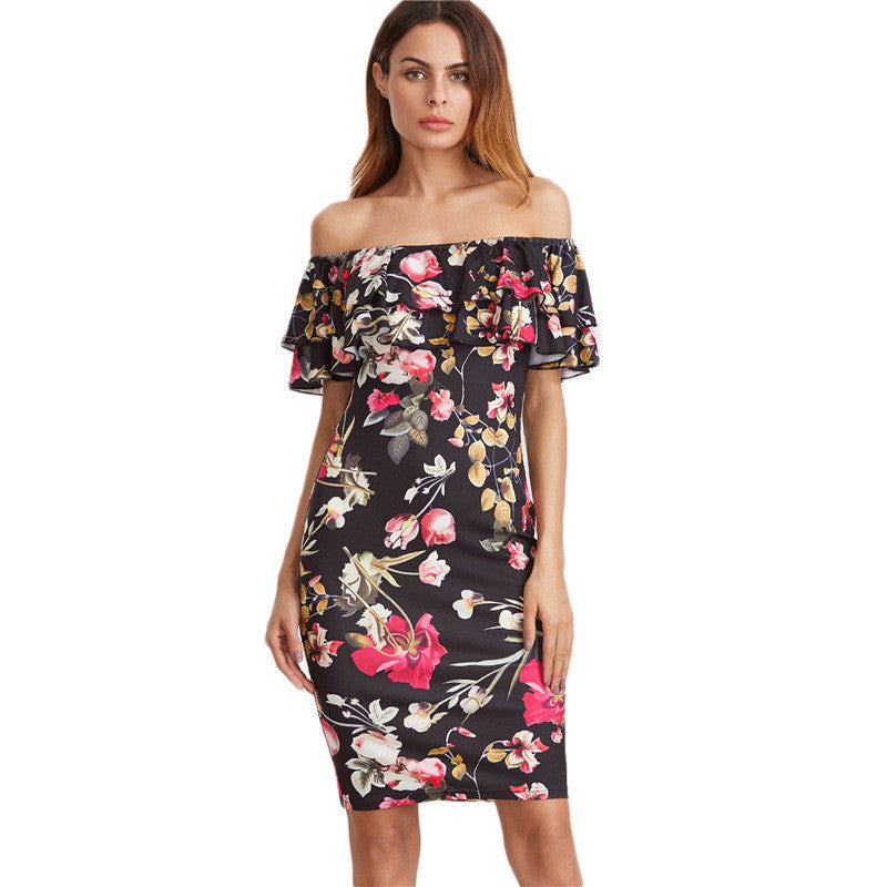 Off Shoulder Flower Print Short Dress