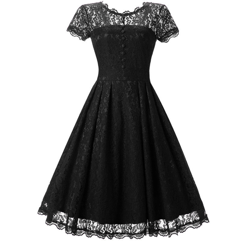 Lace Short Sleeves Splicing Pleated Single Button Short Dress – May ...