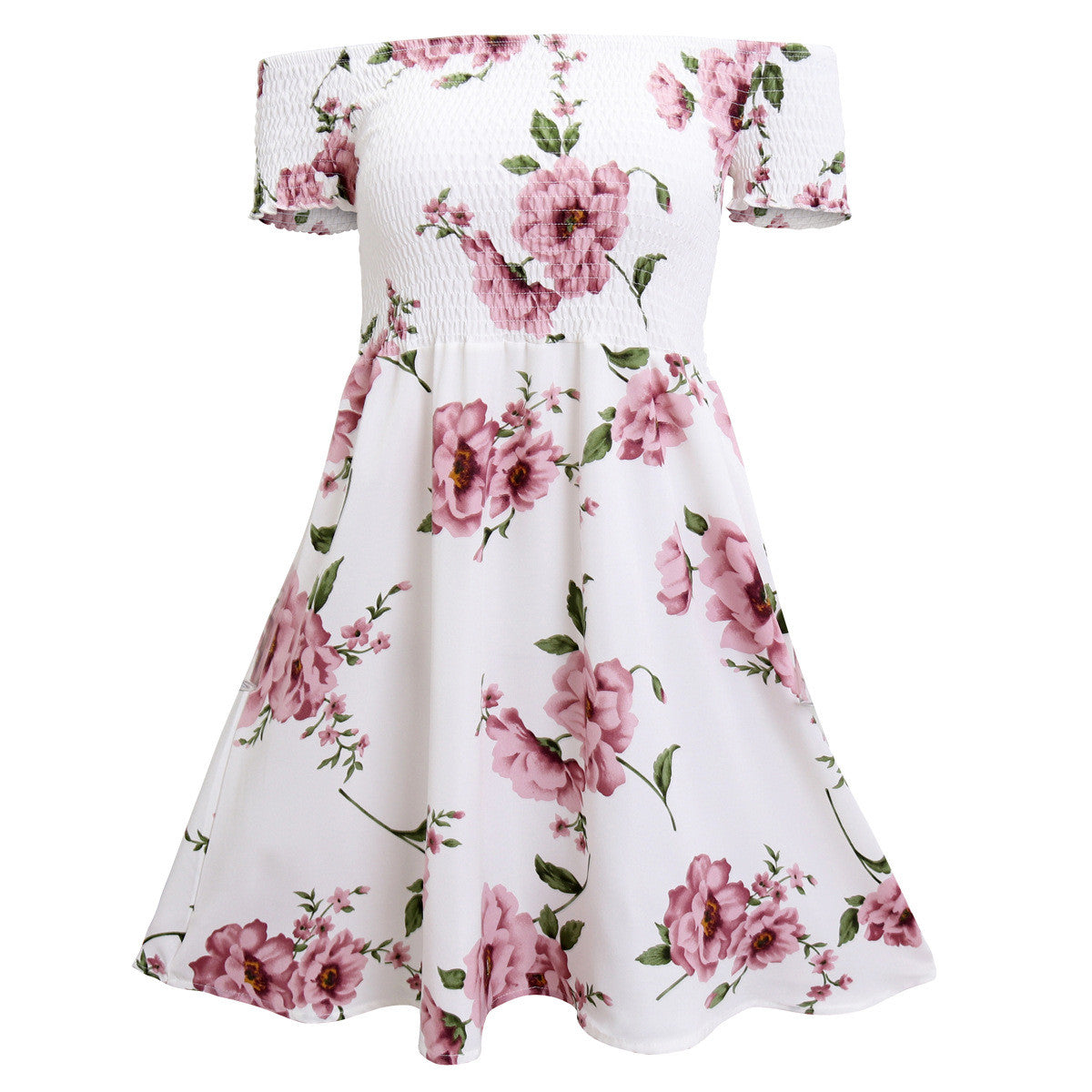 Off Shoulder Flower Print Short Sleeves Short Dress