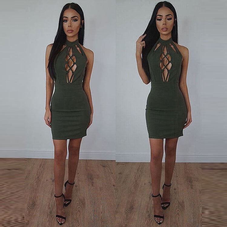 Pure Color High Neck Hollow Out Open Back Short Dress