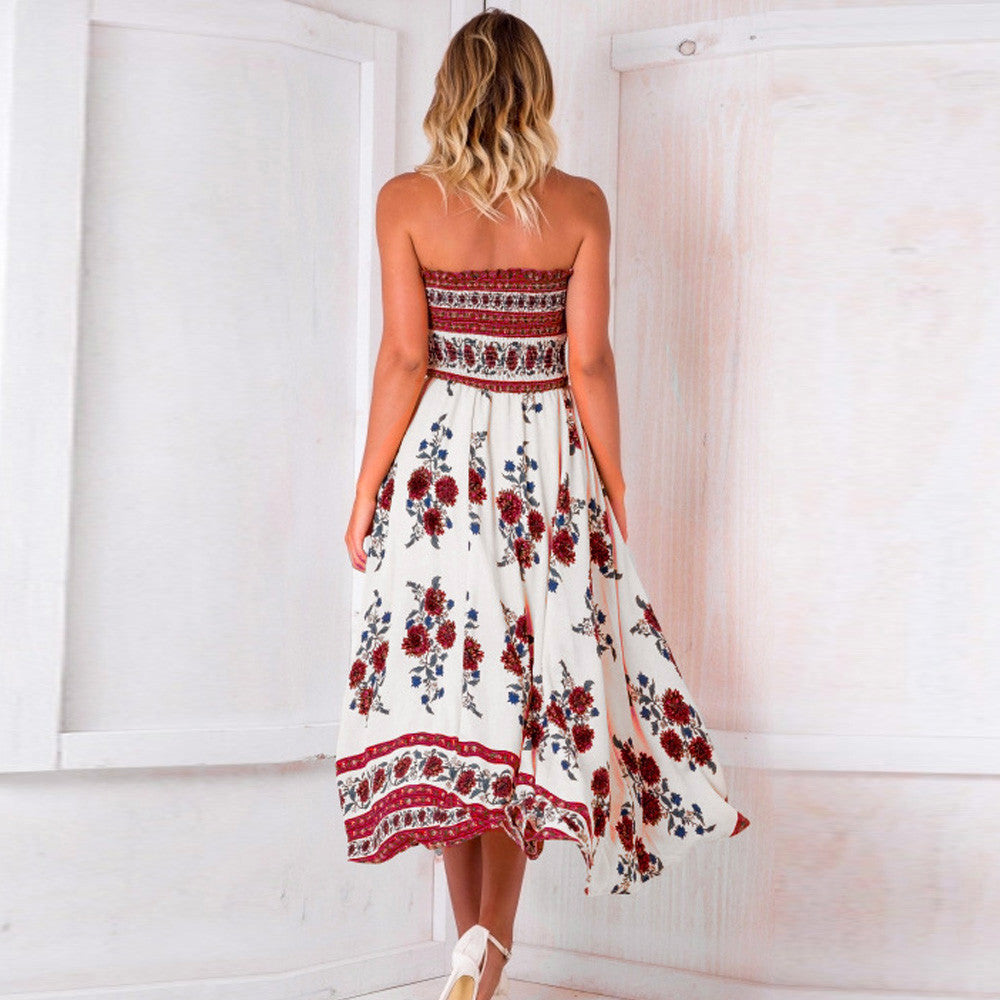 Off Shoulder Flower Print Irregular Tee-length Beach Dress