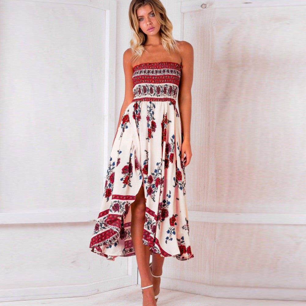 Off Shoulder Flower Print Irregular Tee-length Beach Dress