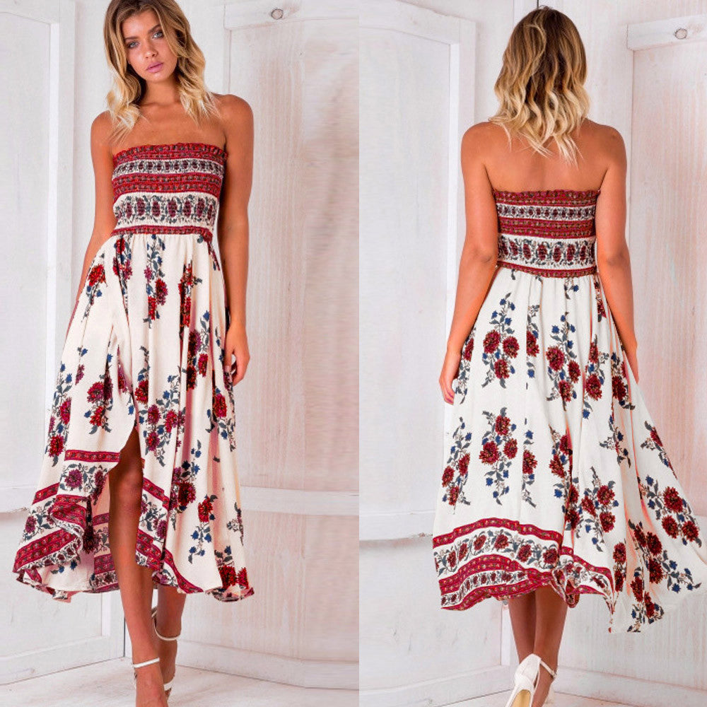 Off Shoulder Flower Print Irregular Tee-length Beach Dress