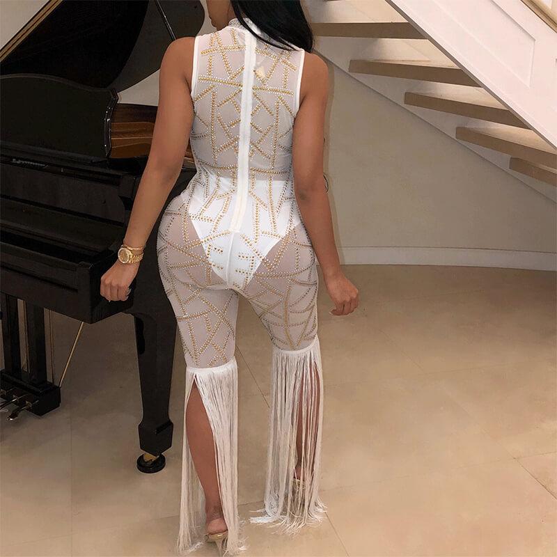 Sparkle Fringed See Through Mesh Jumpsuits