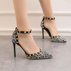 High Heel Shallow Pointed Hollow Out Rivet Slotted Sandals