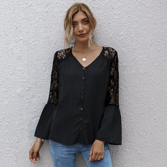 V-neck Lace Long Sleeve Top