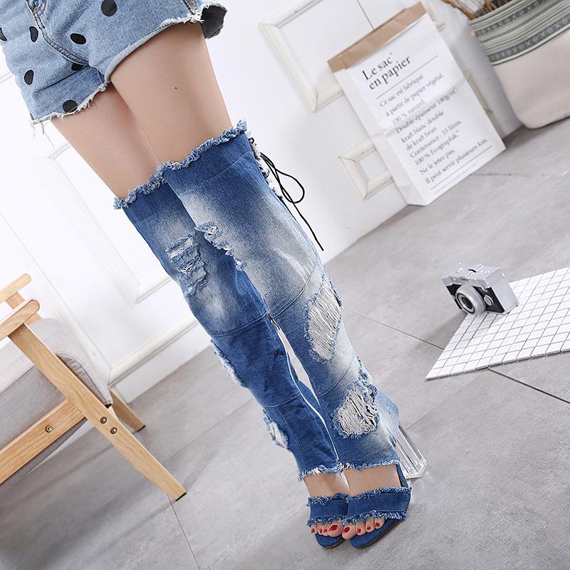 Thick Heel Worn Denim Tassel High-Heeled Sandals