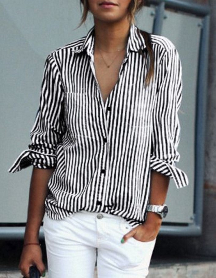 Striped Turn-down Collar Long Sleeves Casual Plus Size Blouse