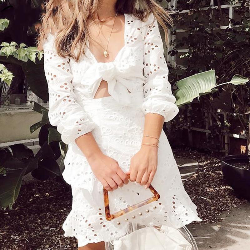 White Hollow Embroidered Slim Dress