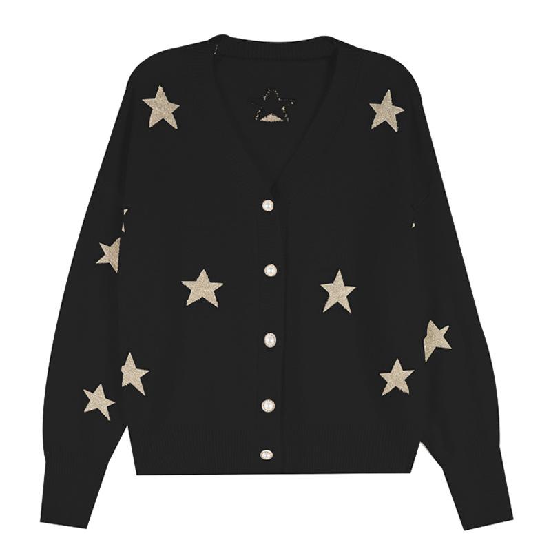 Star Print Knit Cardigan Embroidery Loose V-neck Sweater