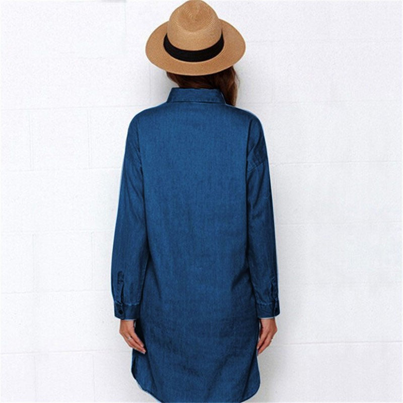 Side Split Turn Down Collar Cowboy Denim Dress