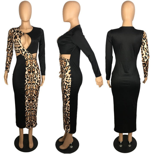 Long Sleeve Leopard Cut-out Stitching Dress