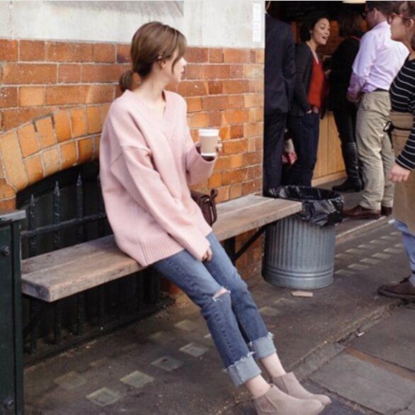 Long Sleeves Pure Color V-Neck Loose Sweater
