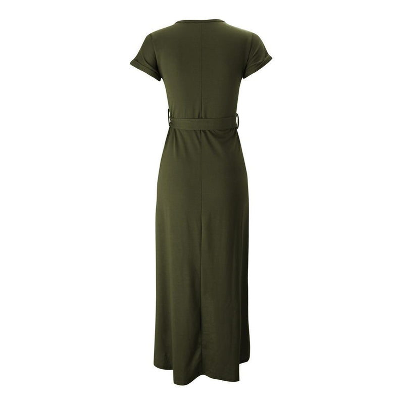 Pure Color Irregular Straps Belt Long Dress