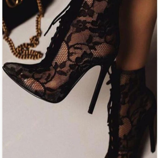 Lace up gauze high heeled boots