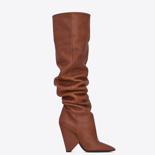 Pleated Long Tube Shaped Heel Pointed Boots