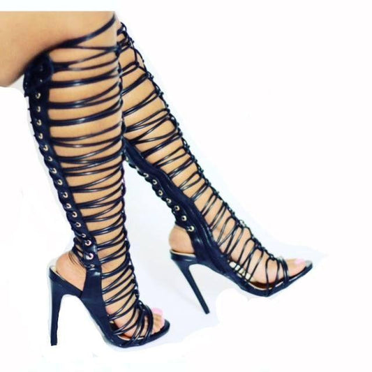 Roman style double cross strapped high heel Boots