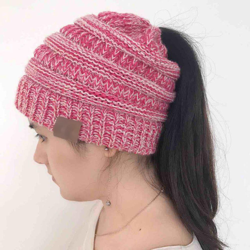 Women's Winter Outdoor Warm Wool Hat Empty Top Horsetail Knitted Hat