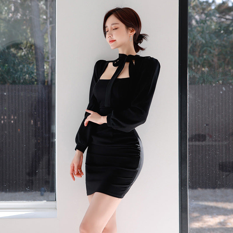 Bow-Tie Belted Square Neck Lantern Sleeve Slim Fit Pencil Dress
