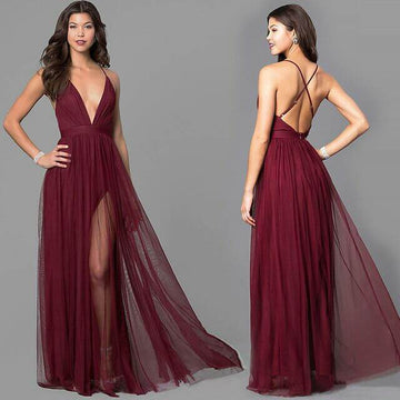 Pure Color Spaghetti Straps Deep V-neck Split Long Party Dress